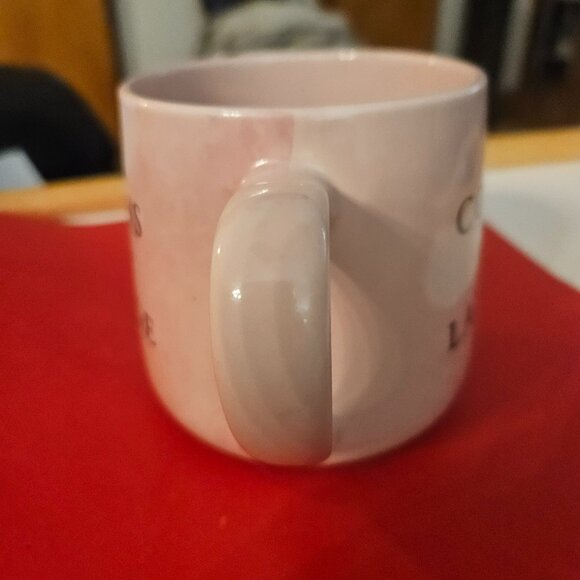 pink mug with coffee graphics for coffee lovers graphics on both side - Picture 6 of 7